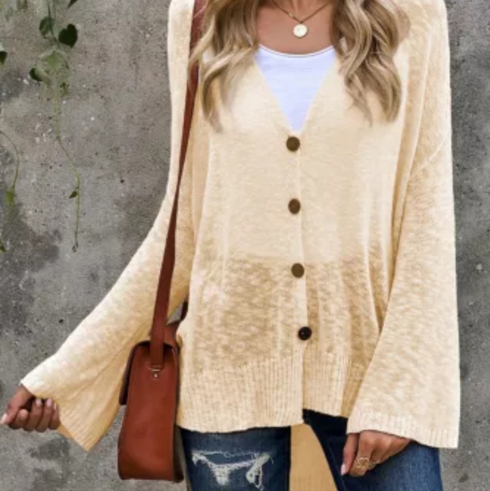 πNew Apricot Loose Lightweight V Neck Buttoned Sheer Knit Cardigan - Picture 16 of 17